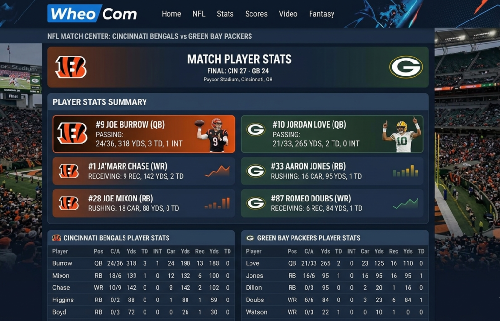 bengals vs green bay packers match player stats